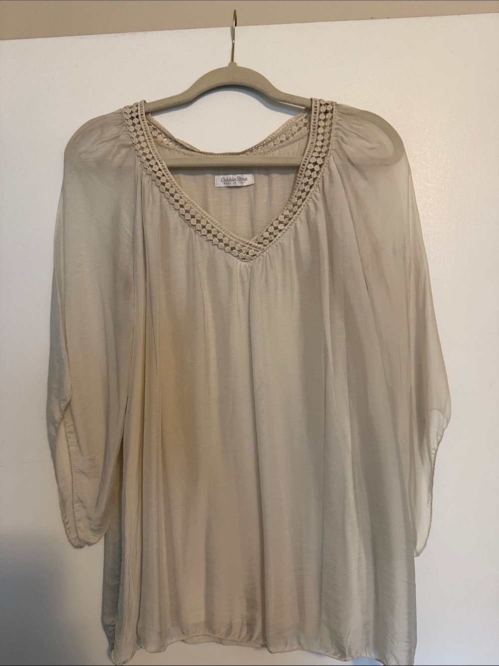 Cobble Stone Cream V-Neck Crochet-Trim Tunic Top